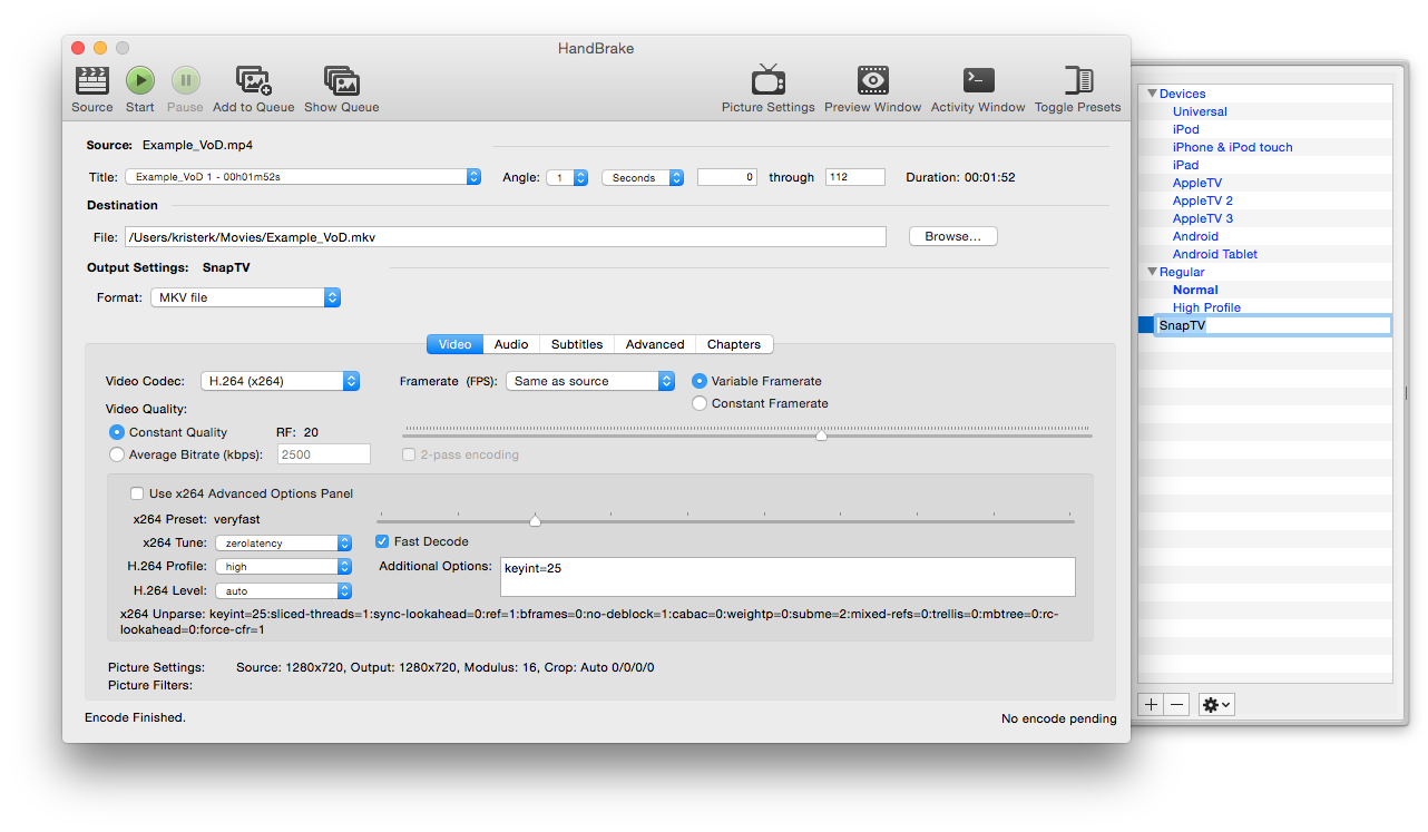 handbrake settings for web streaming